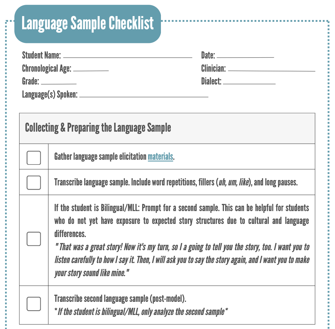 Language Sample Checklist – Coffee, Tea, and 3 SLPs